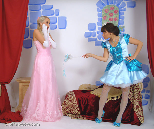 Pin-Up glamour photo of Lucy-Anne and Petra in The Fairy Godmother - evening dress, petticoat, pink stockings, pink nylons